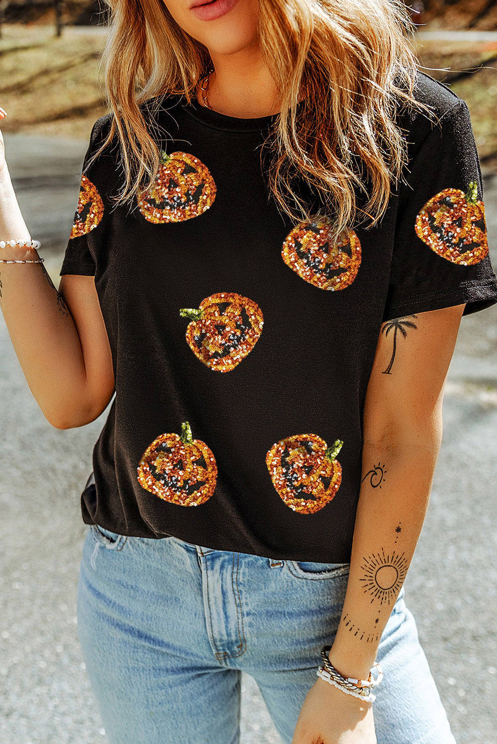 Women's Black Halloween Tee | Sequin Pumpkin Face Graphic Shirt