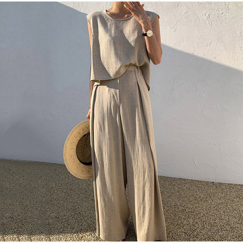 Women's Cotton Linen Sleeveless Set | Wide Leg Pants Outfit