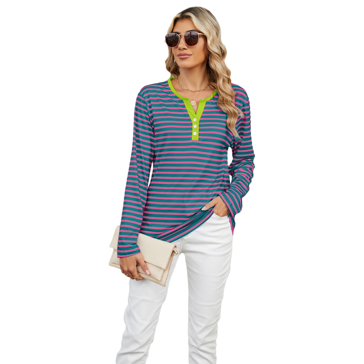 Women's V-Neck Striped Cotton T-Shirt