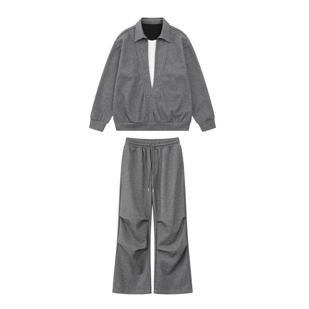 Men's Layered-Look Collared Top & Straight-Leg Pants Set