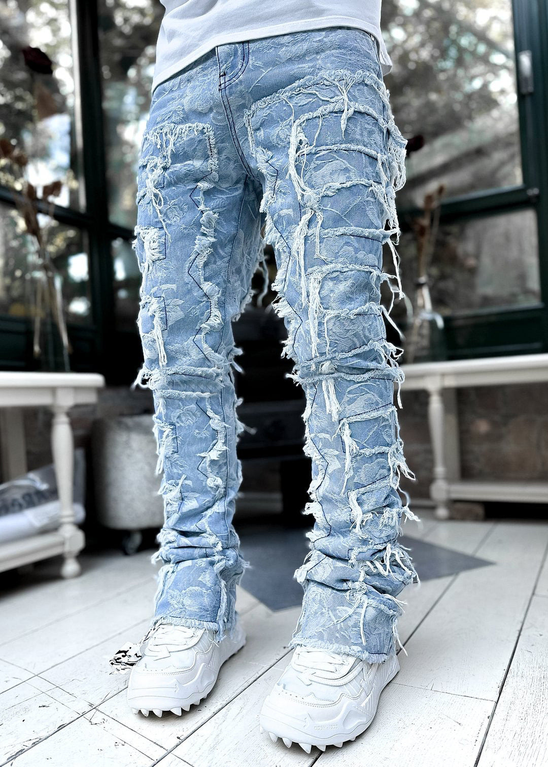 Men's Stacked Skinny Jeans | Patched Slim Fit Cotton Trousers