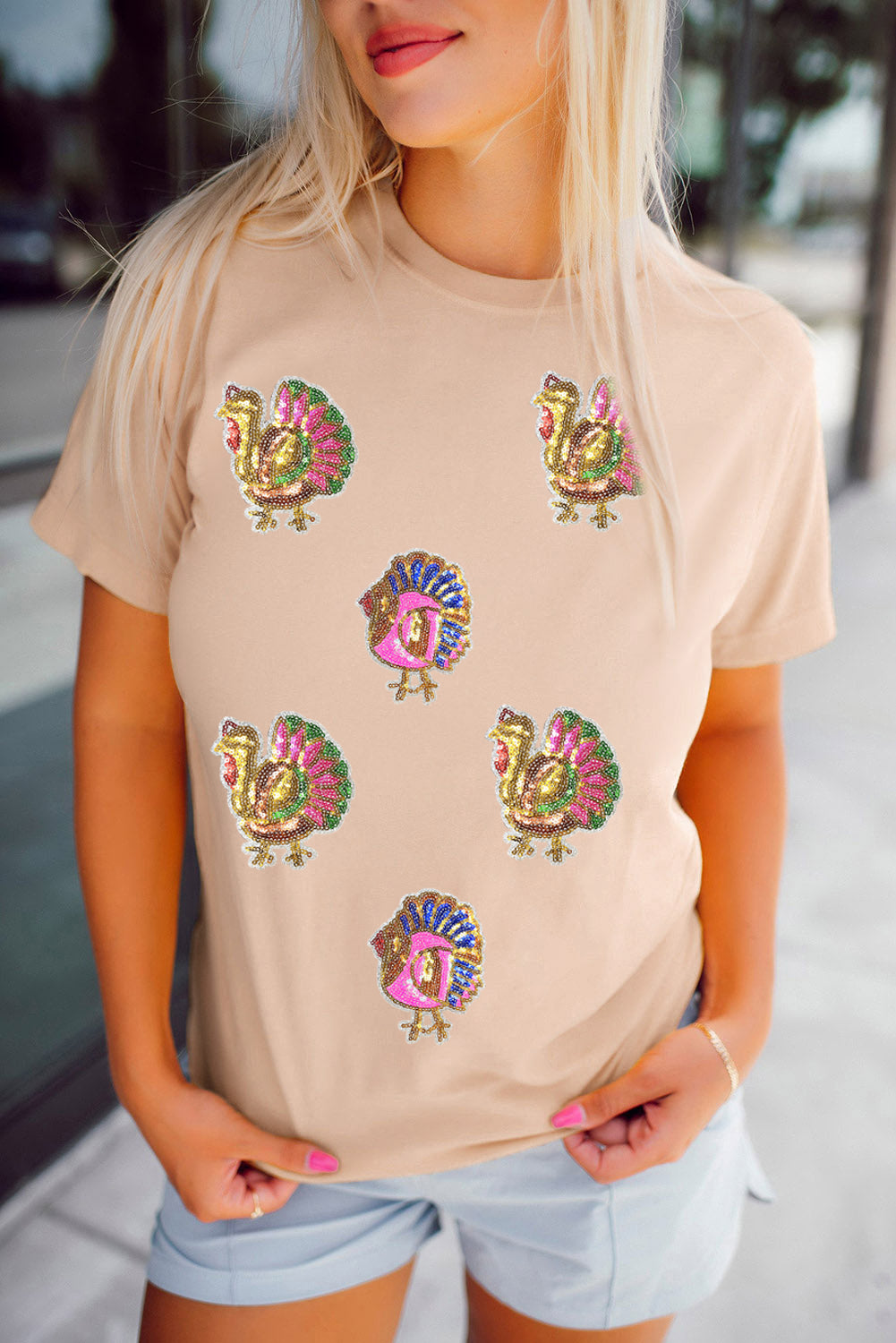 Women's Khaki Thanksgiving Tee | Turkey Sequin Patch Crewneck