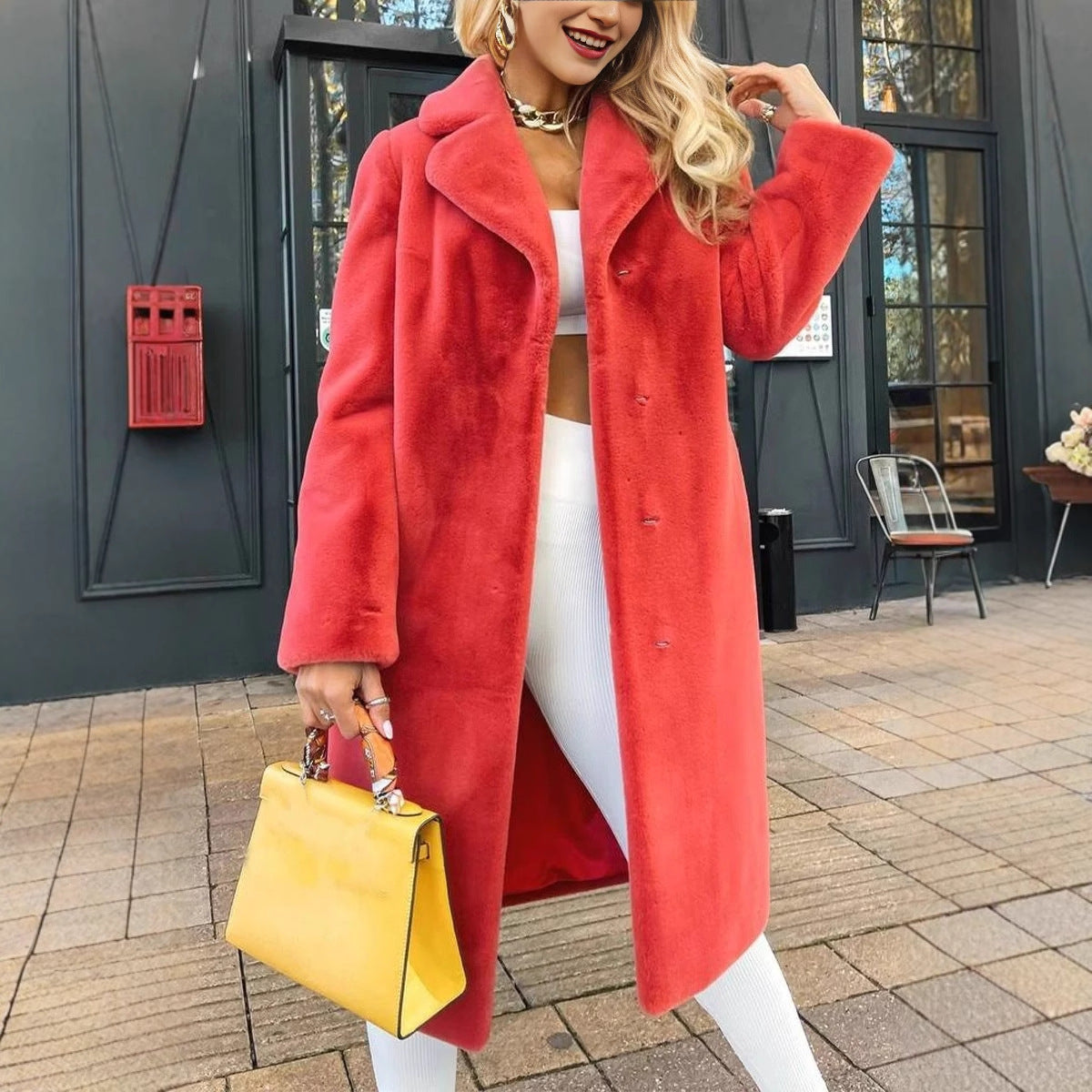 Women's Plush Long Coat | Elegant Lace-Up Turn-Down Collar