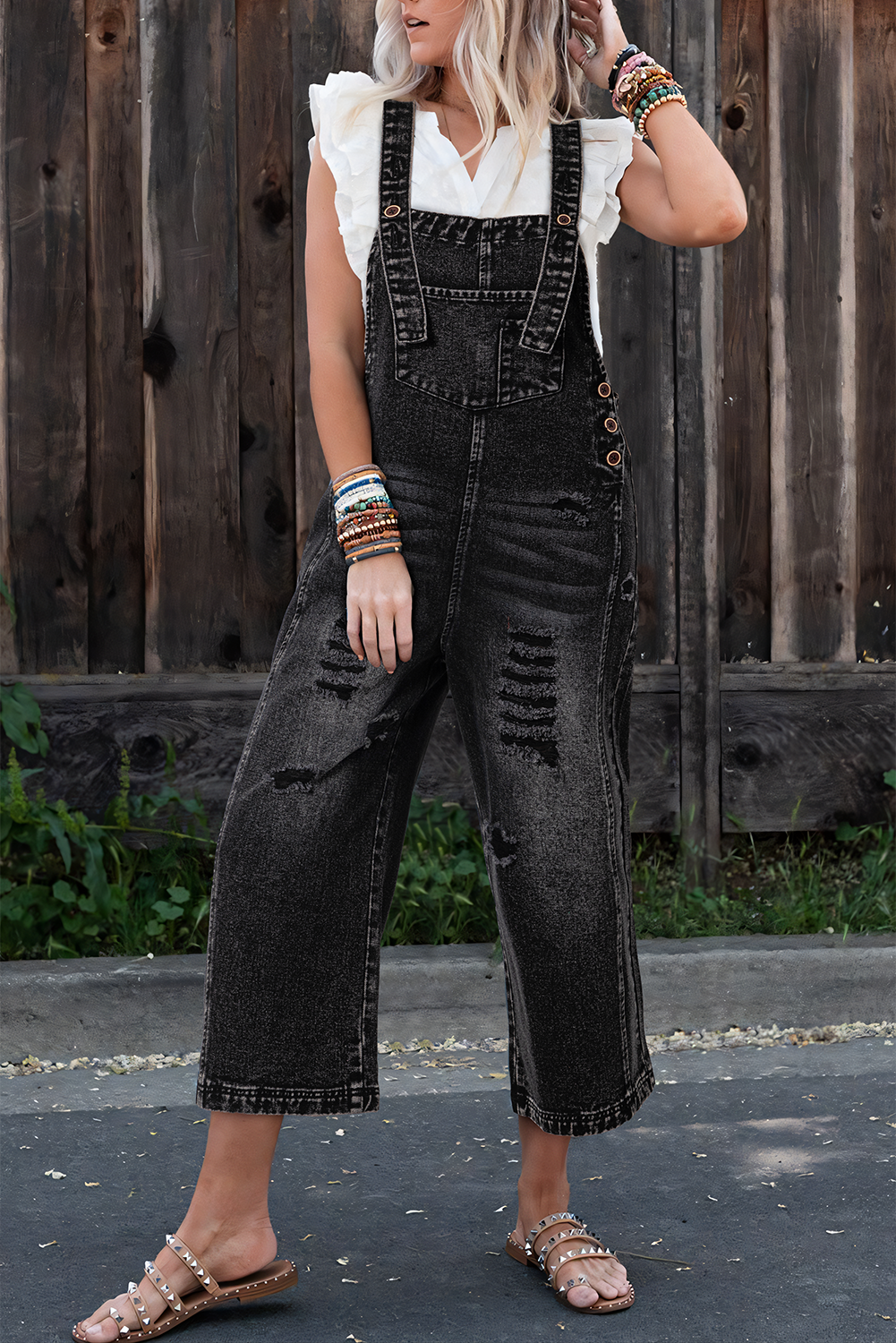Women's Black Denim Overall | Distressed Bib Pocket Wide Leg