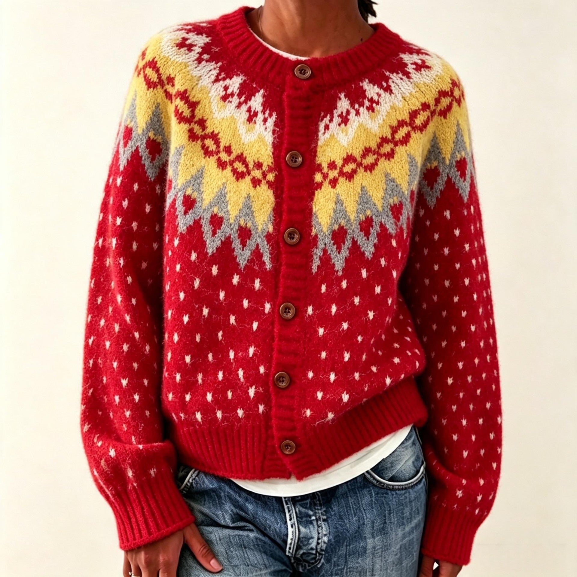 Women's Loose Fit Round Neck Sweater - Red or Apricot