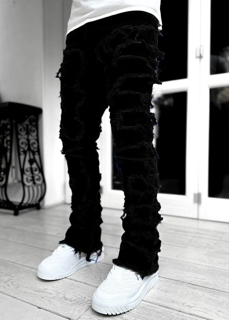 Men's Stacked Skinny Jeans | Patched Slim Fit Cotton Trousers