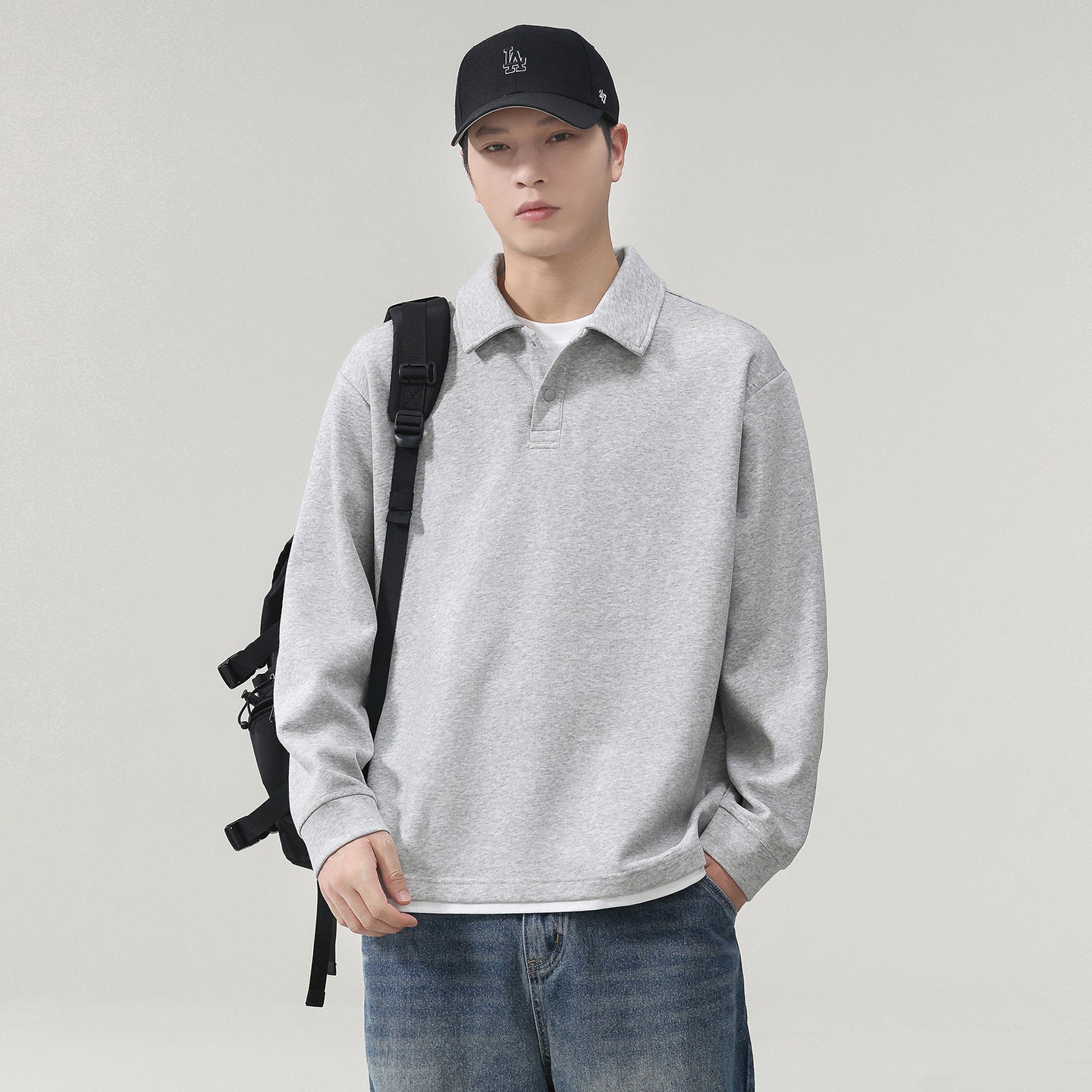 Men's Layered-Look Long-Sleeve Polo Top - Cotton Blend