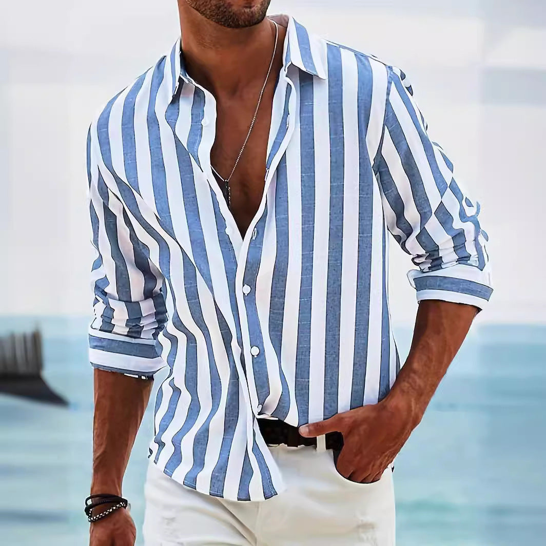 Men's Loose Fit Long Sleeve Shirt | Yarn-Dyed Striped Cardigan for Men