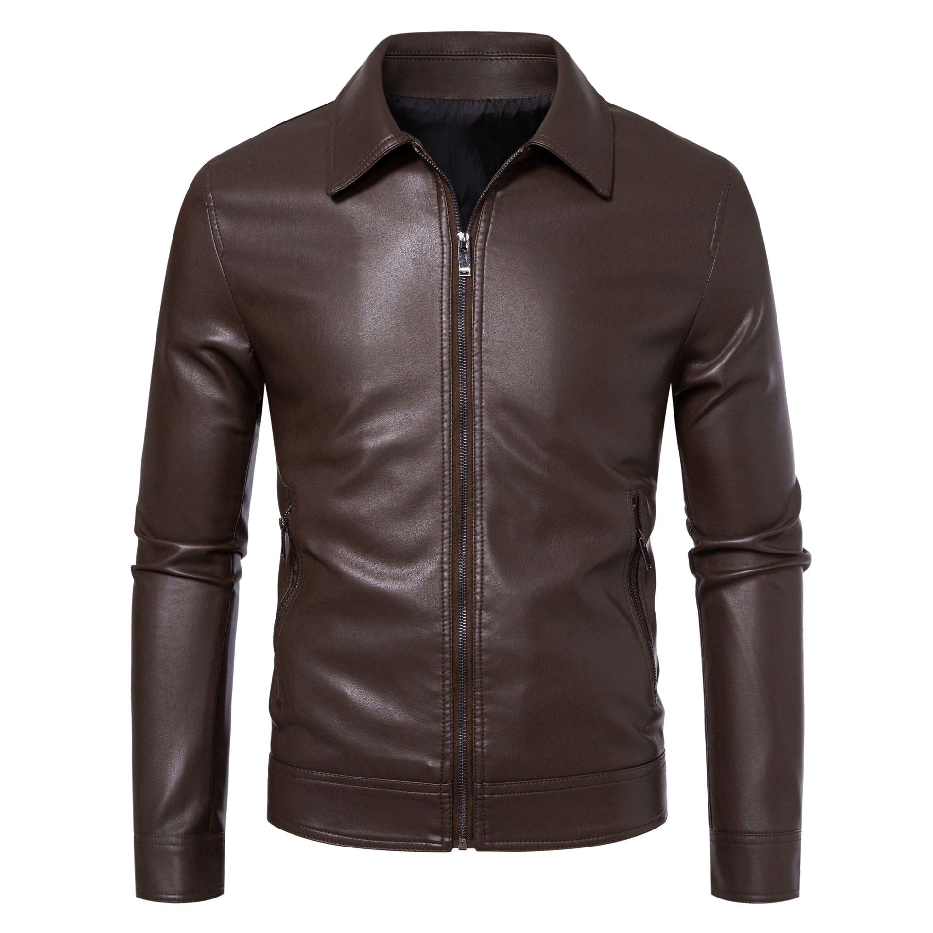Men's Slim Fit Faux Leather Jacket - Lapel Collar Zip Pocket Casual Coat