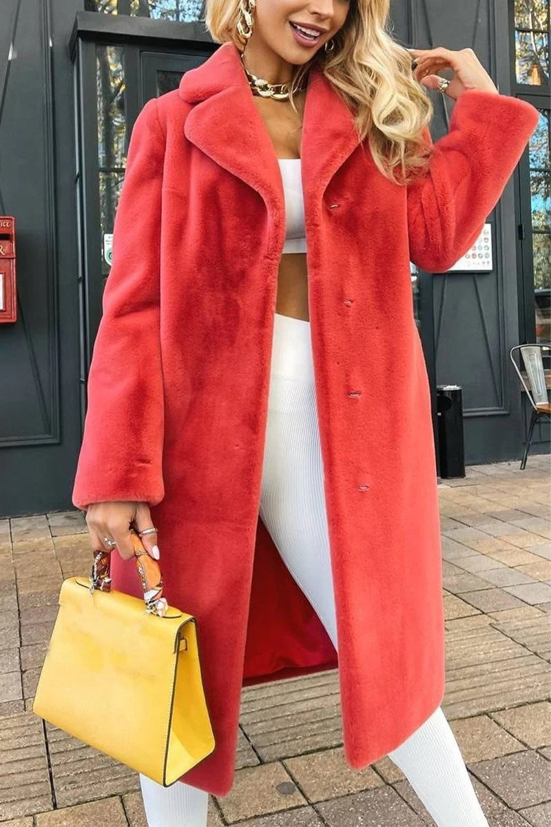 Women's Plush Long Coat | Elegant Lace-Up Turn-Down Collar