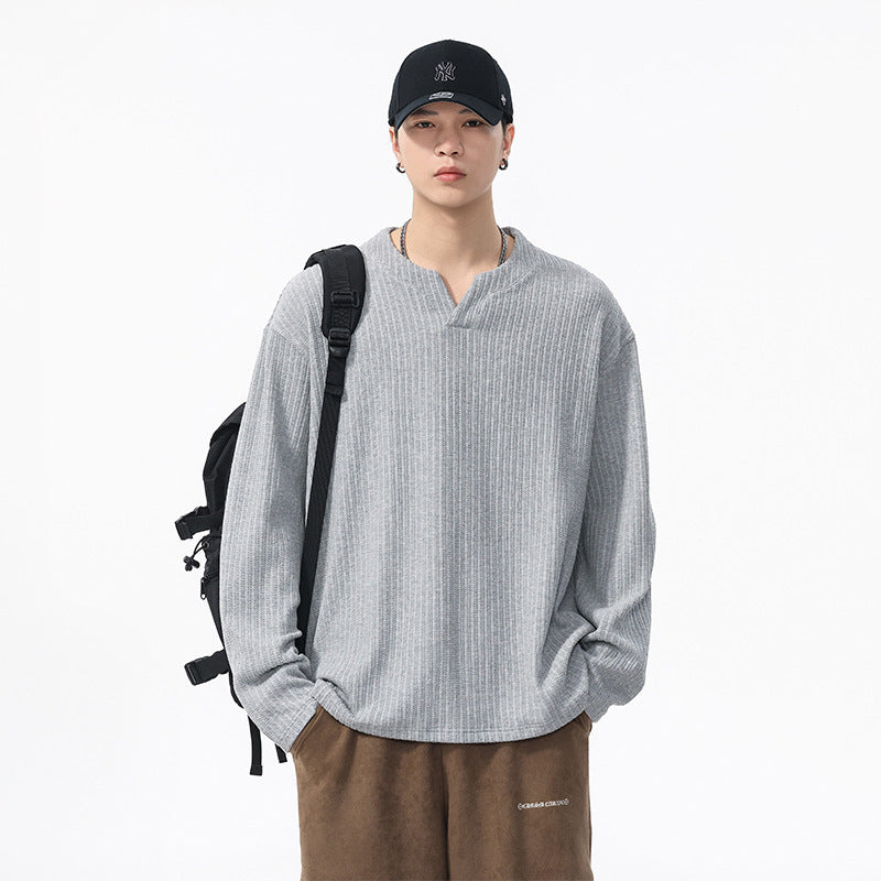 Men's Textured V-Neck Long-Sleeve Shirt - Loose Fit