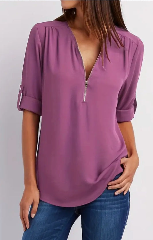 Women's Ruched Half Zip V-Neck Casual Blouse