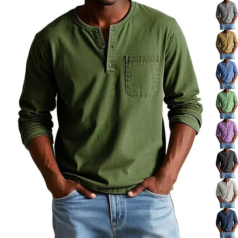 Men's V-Neck Long Sleeve Top | Button Detail Pullover for Casual Wear