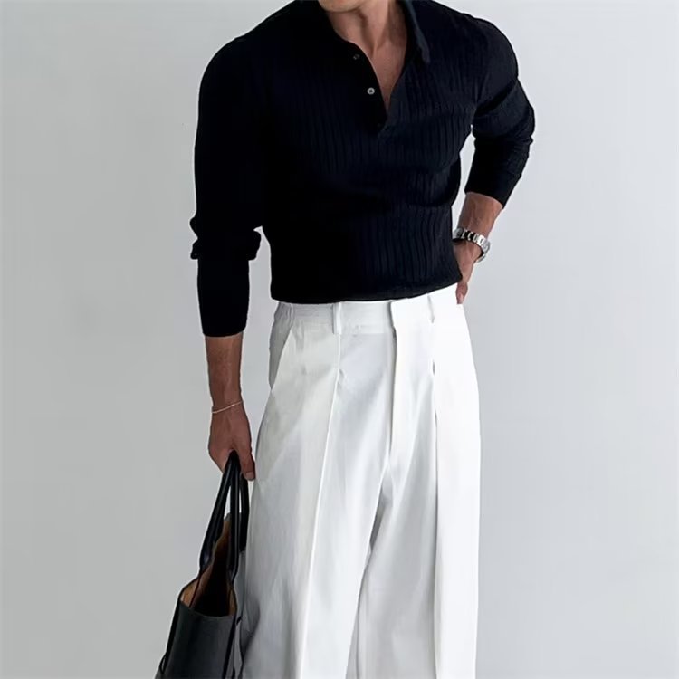 Men's Slim Fit Long Sleeve Polo Shirt | Lapel Collar Knitted Top