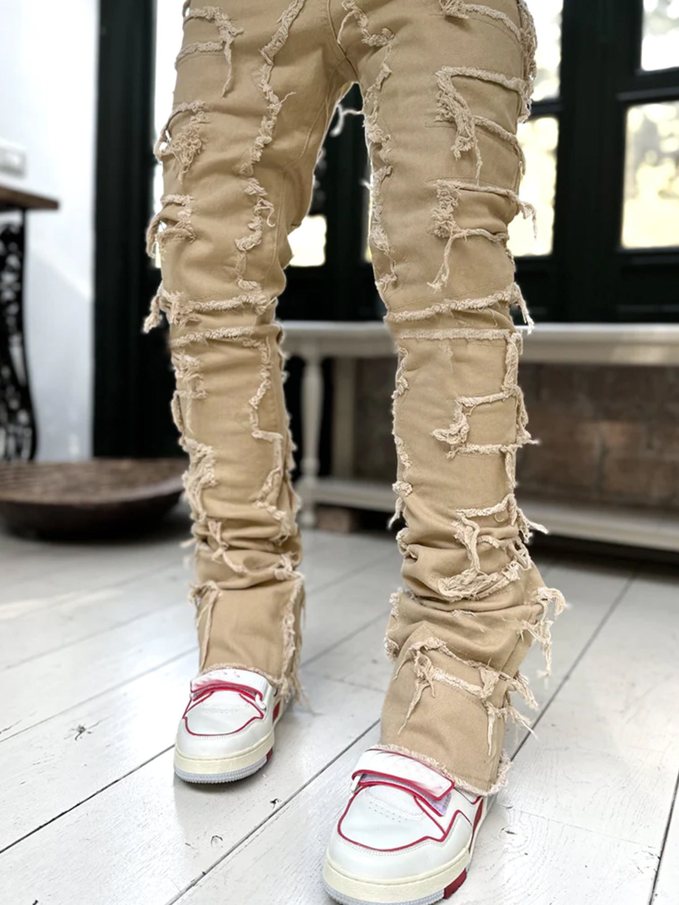 Men's Stacked Skinny Jeans | Patched Slim Fit Cotton Trousers