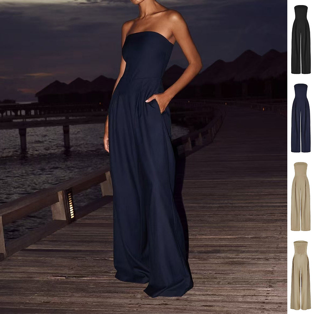 Women's Backless Tube Top Jumpsuit | Loose Wide Leg Romper