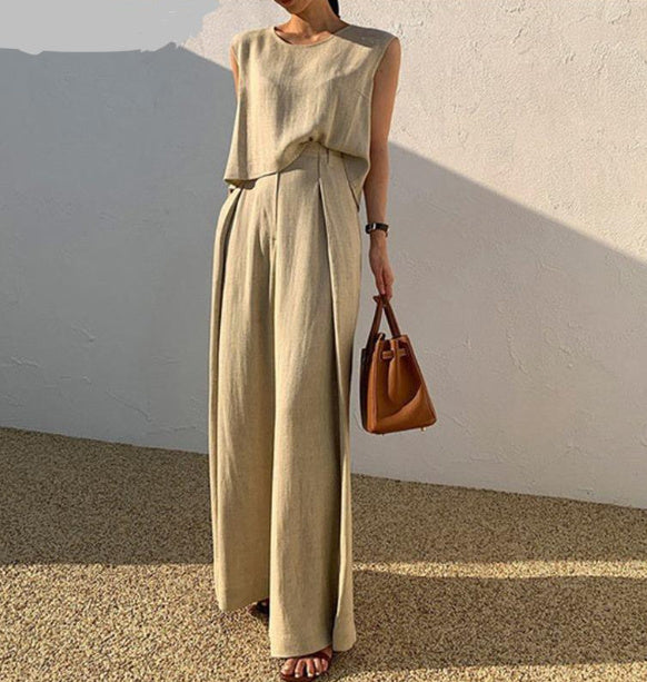 Women's Cotton Linen Sleeveless Set | Wide Leg Pants Outfit