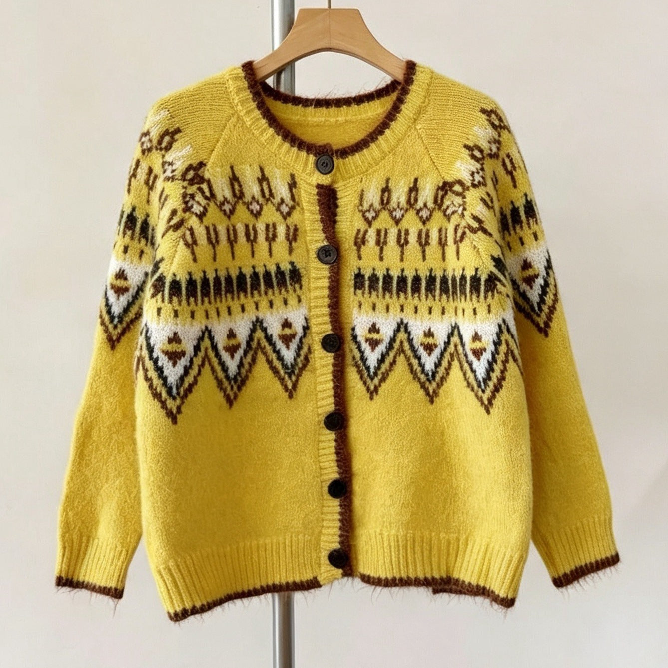 Unisex Geometric Pattern Cardigan - Loose Fit Button Front