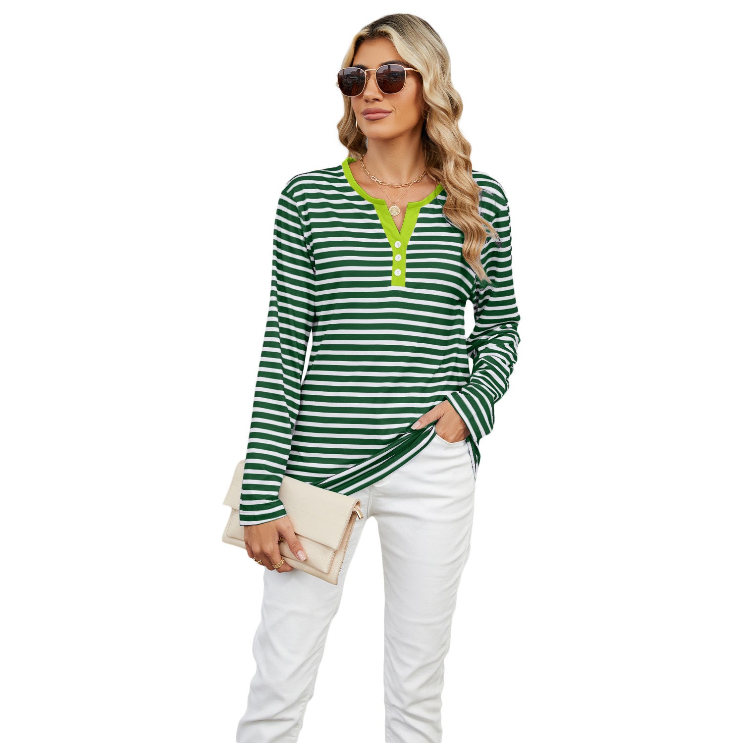 Women's V-Neck Striped Cotton T-Shirt
