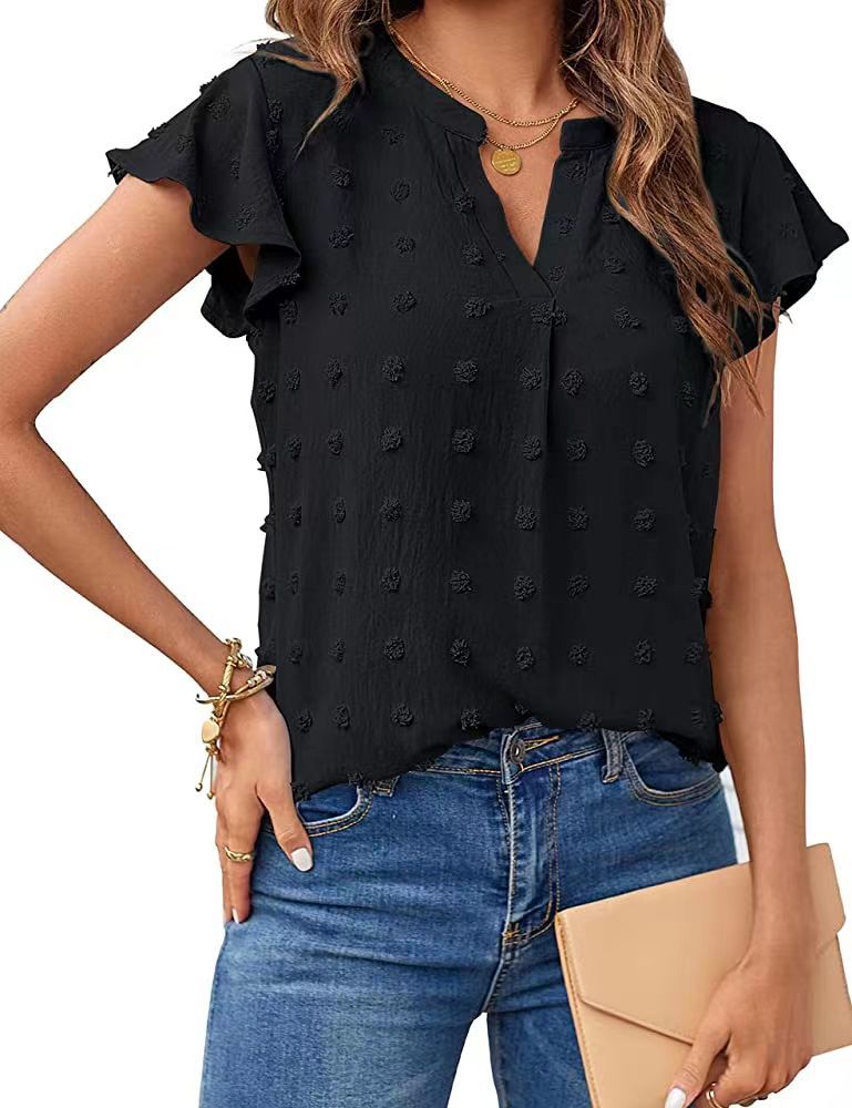 Women's V-Neck Ruffle Short Sleeve Chiffon Blouse