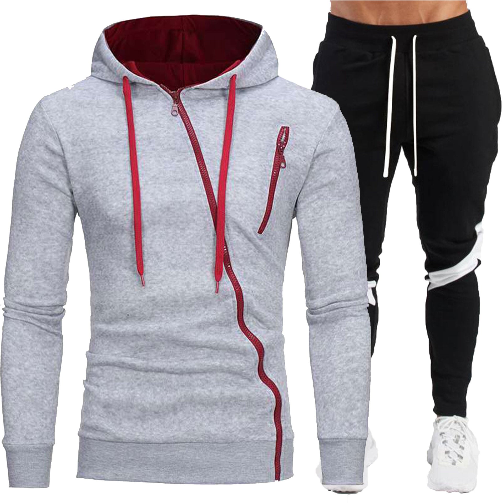 Men's Diagonal-Zip Hooded Jacket & Black Pants Set