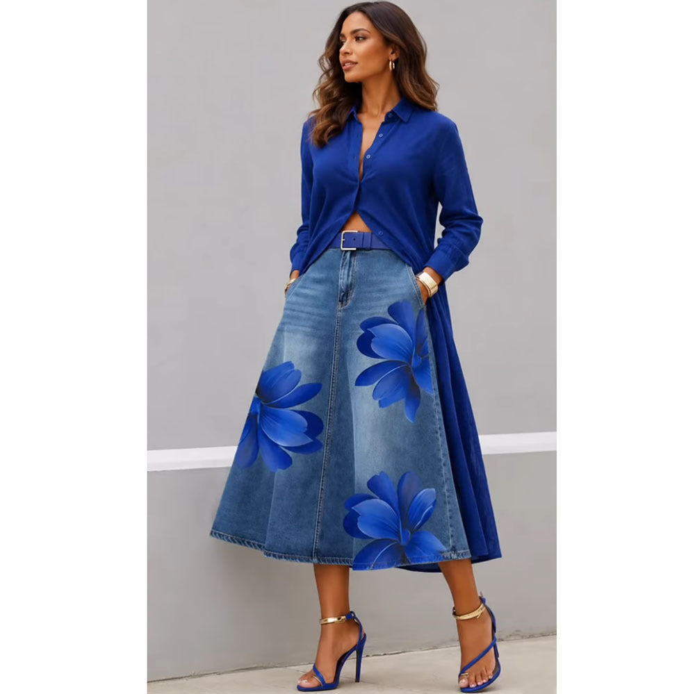 Women's Floral Print A-Line Midi Skirt - High Waist
