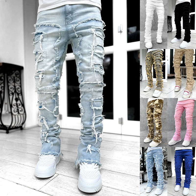 Men's Stacked Skinny Jeans | Patched Slim Fit Cotton Trousers