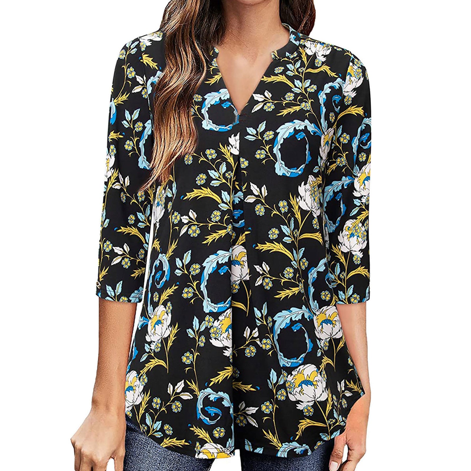 Women's Floral Print V-Neck Pullover Blouse