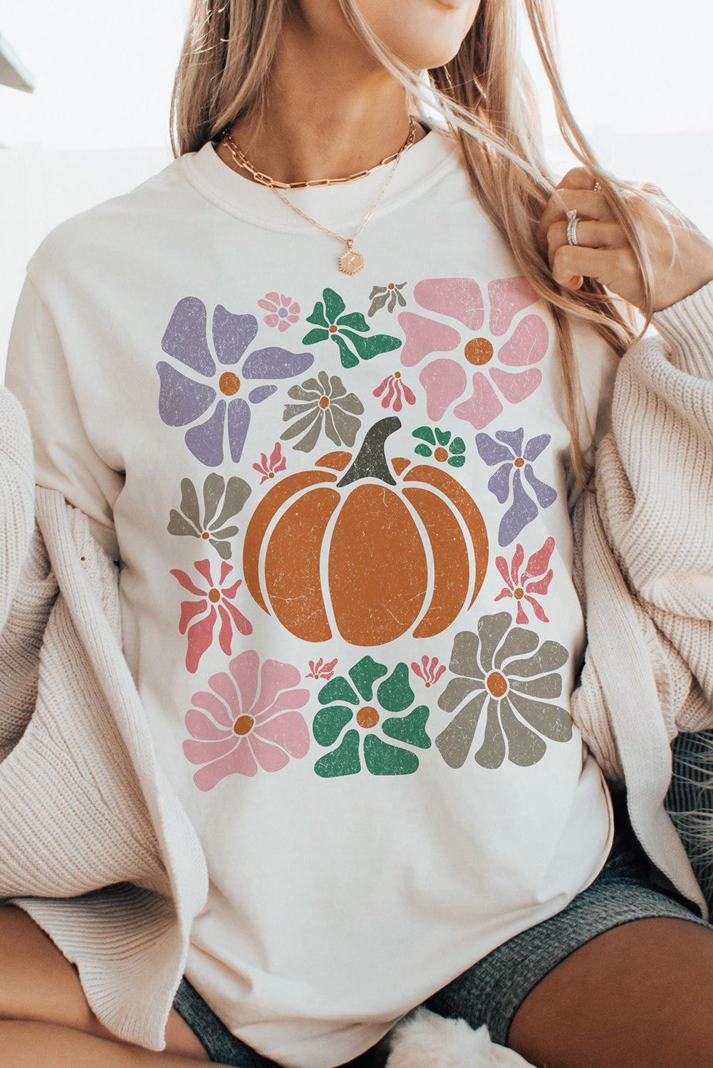 Women's White Graphic Tee | Flower Pumpkin Distressed Print