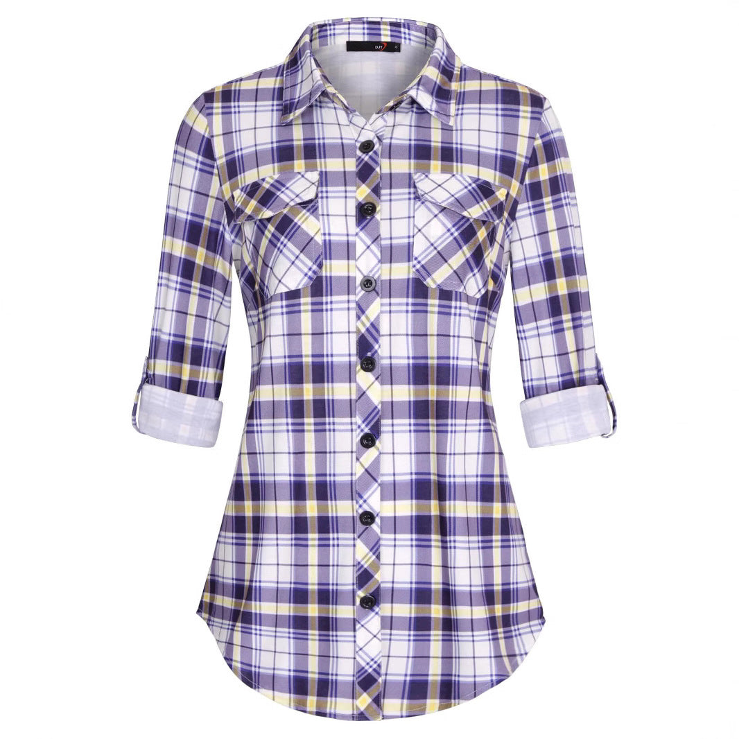 Women's Plaid Button Cuff Shirt | Casual Comfort Print Blouse