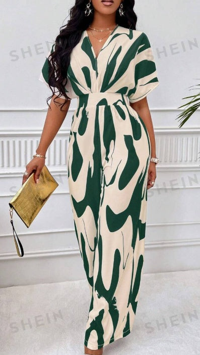 Women's Printed Jumpsuit | Batwing Sleeve & V-Neck Romper