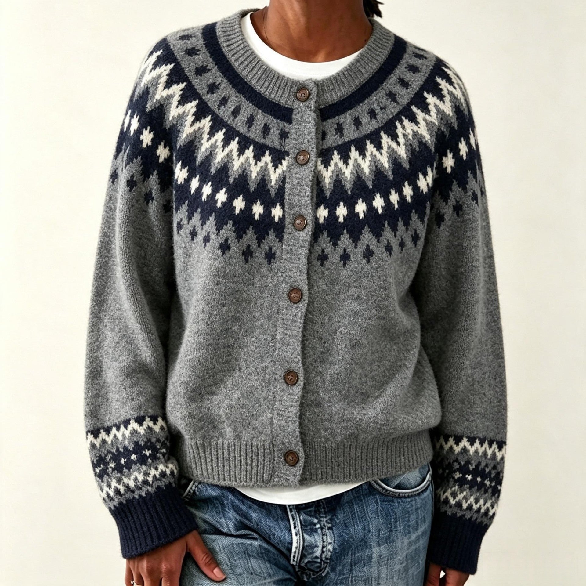 Women's Geometric Jacquard Cardigan - Loose Fit Button Front