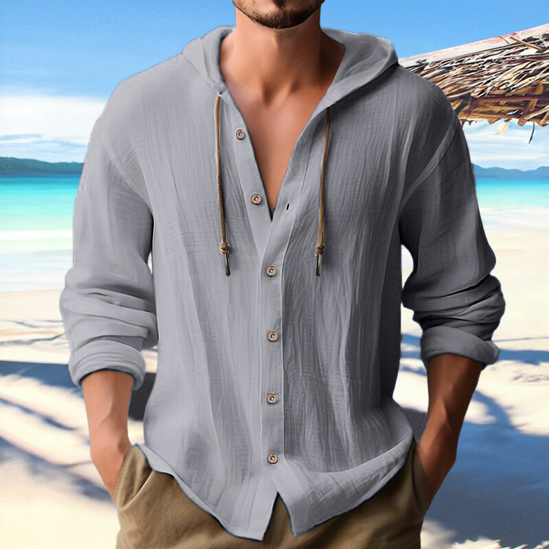 Men's Cotton Linen Hooded Shirt | Button Down Long Sleeve Sweater
