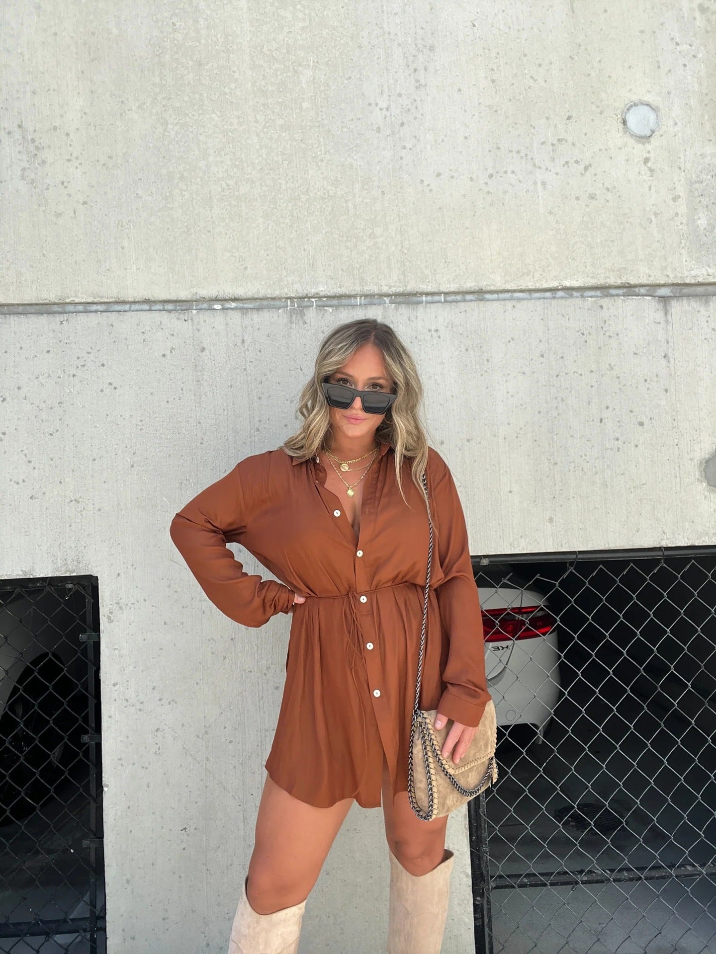 Women's Long Sleeve Button-Up Jumpsuit with Belt