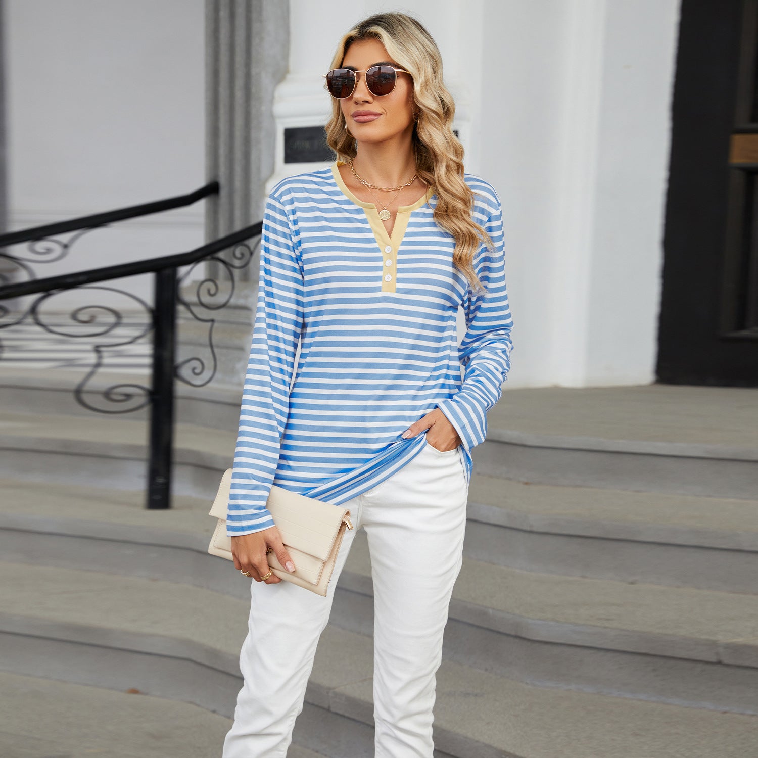 Women's V-Neck Striped Cotton T-Shirt