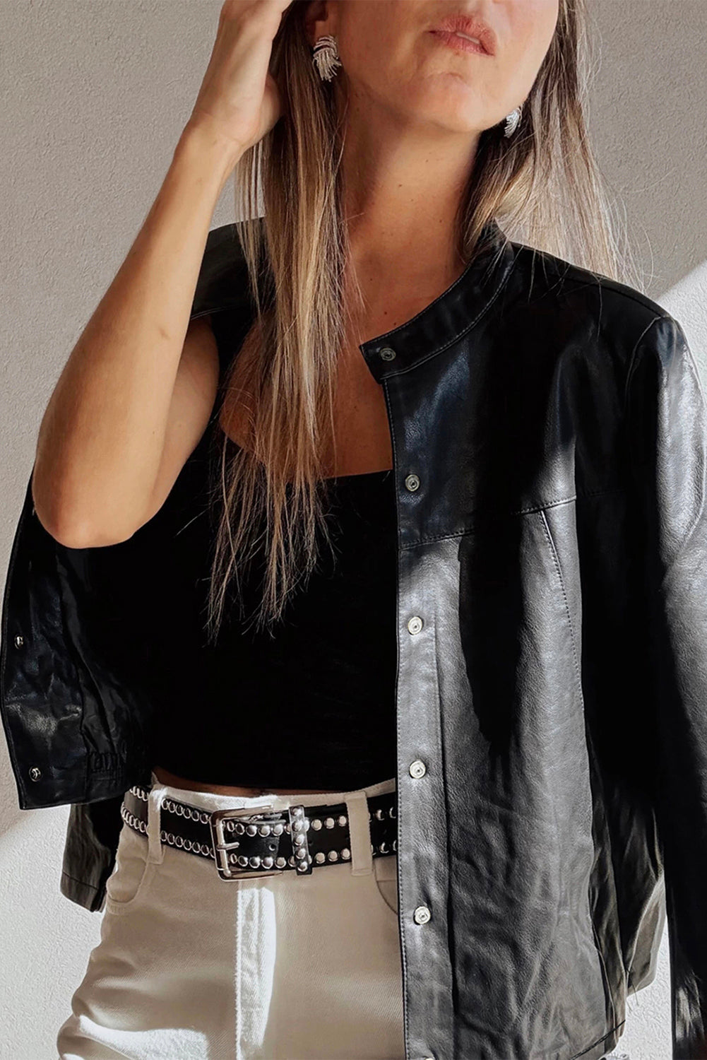 Women's Black Faux Leather Jacket | Button Front Boxy Fit