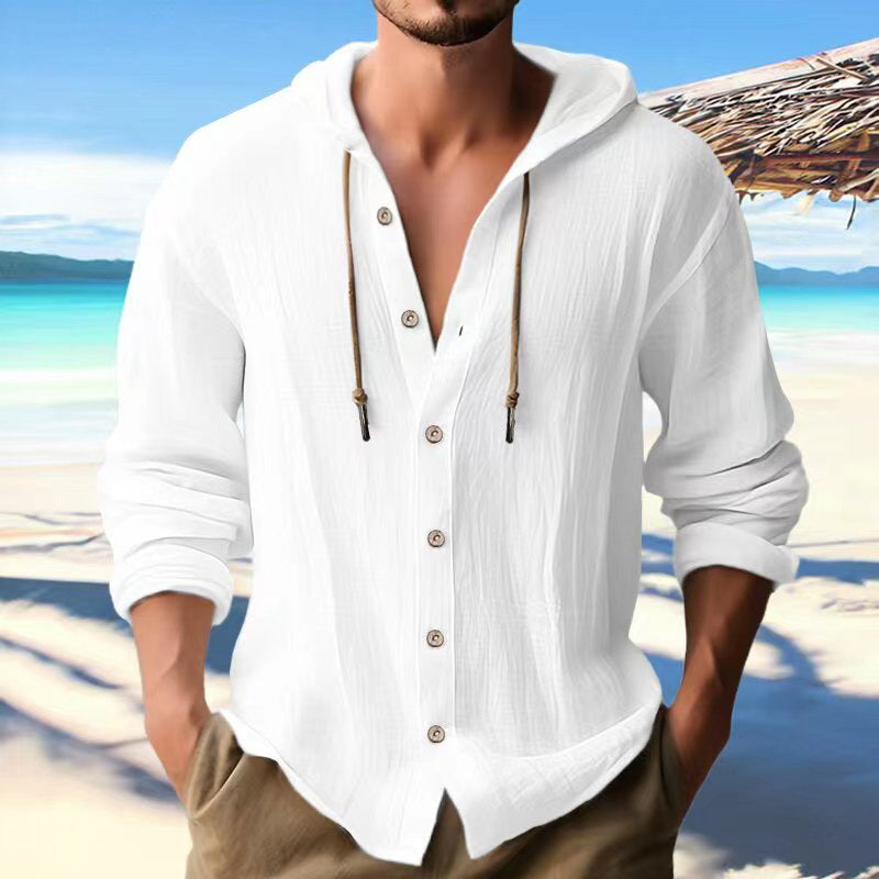 Men's Cotton Linen Hooded Shirt | Button Down Long Sleeve Sweater