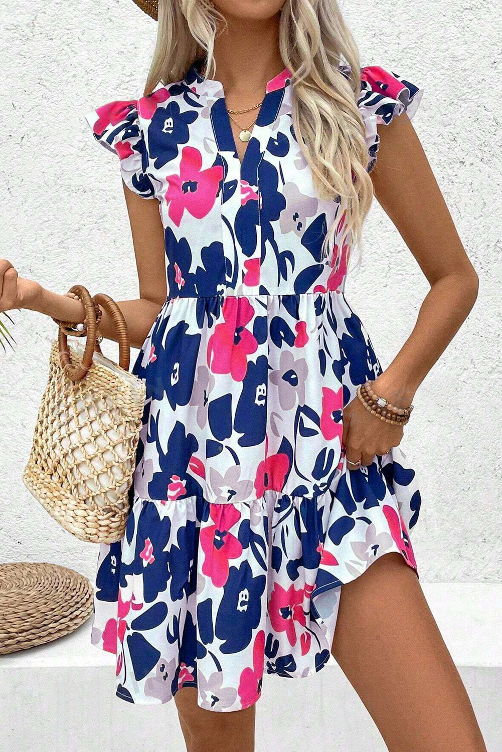Women's Rose Floral Mini Dress | Notched Neck & Flutter Sleeves