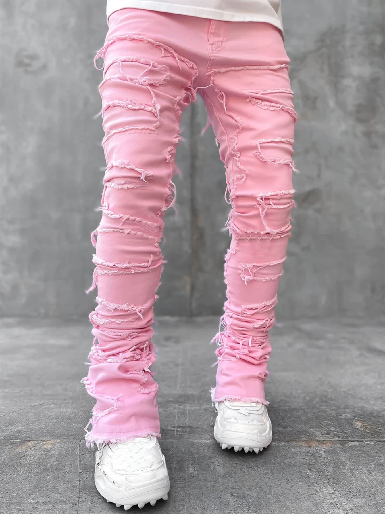 Men's Stacked Skinny Jeans | Patched Slim Fit Cotton Trousers
