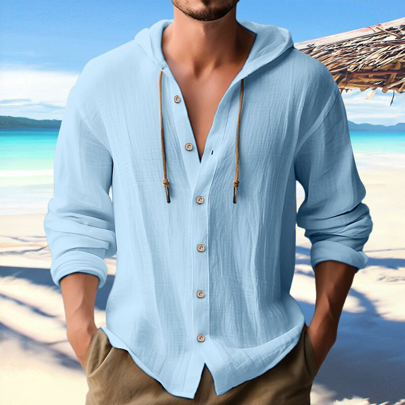 Men's Cotton Linen Hooded Shirt | Button Down Long Sleeve Sweater