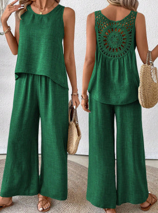 Women's Backless Lace Suit | Sleeveless Solid Color Set