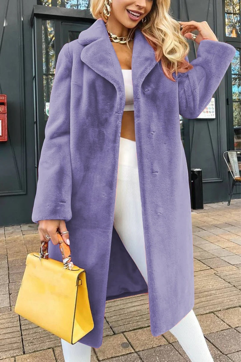 Women's Plush Long Coat | Elegant Lace-Up Turn-Down Collar