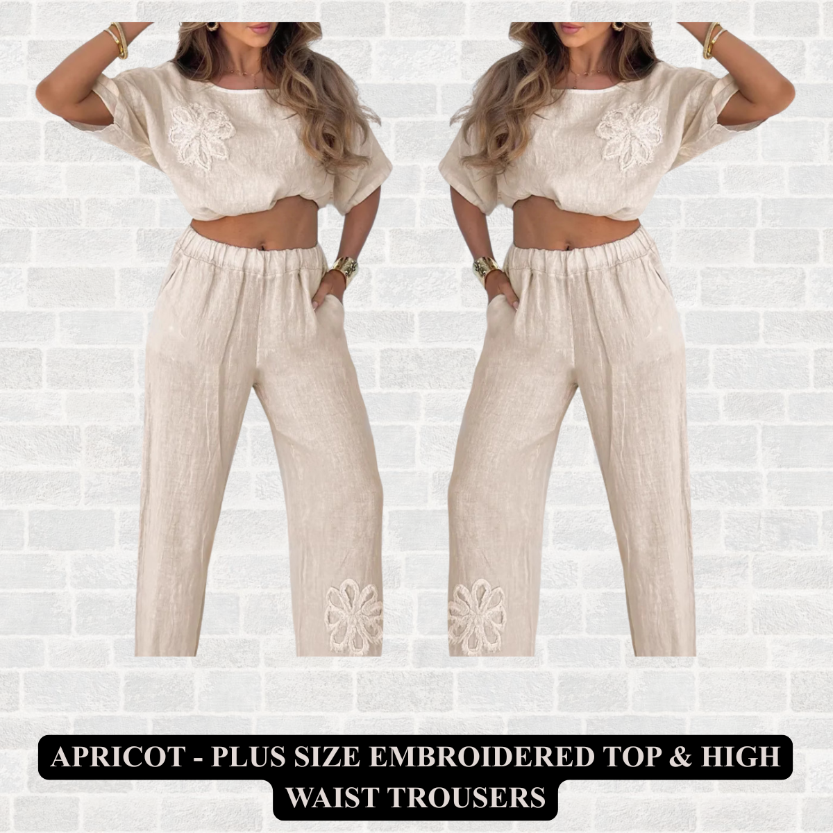 Plus Size Embroidered Top & High Waist Trousers