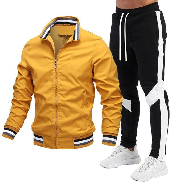 Men's Zip Jacket & Contrast-Panel Pants Set - Five Colors