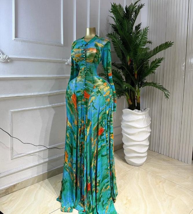 Women's Tie-Dye Print Mesh Maxi Dress - Long Sleeve Round Neck