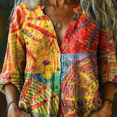 Women's Digital Print Linen Long Sleeve Blouse