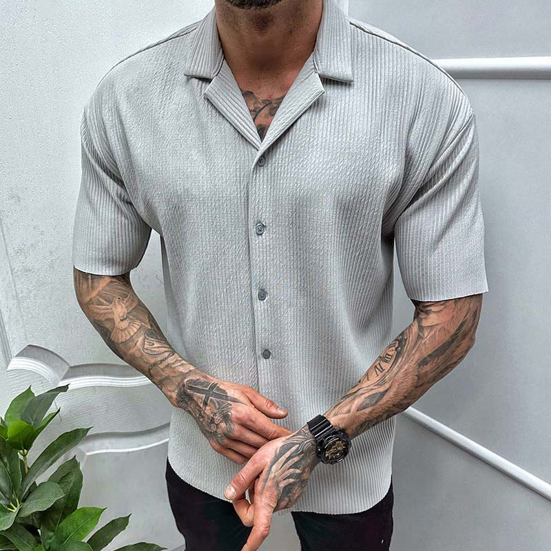 Men's Short Sleeve Cardigan | Solid Color Cotton Blend Shirt