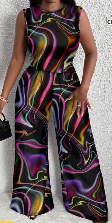 Plus Size Women's Jumpsuit | Geometric Pattern Sleeveless Summer