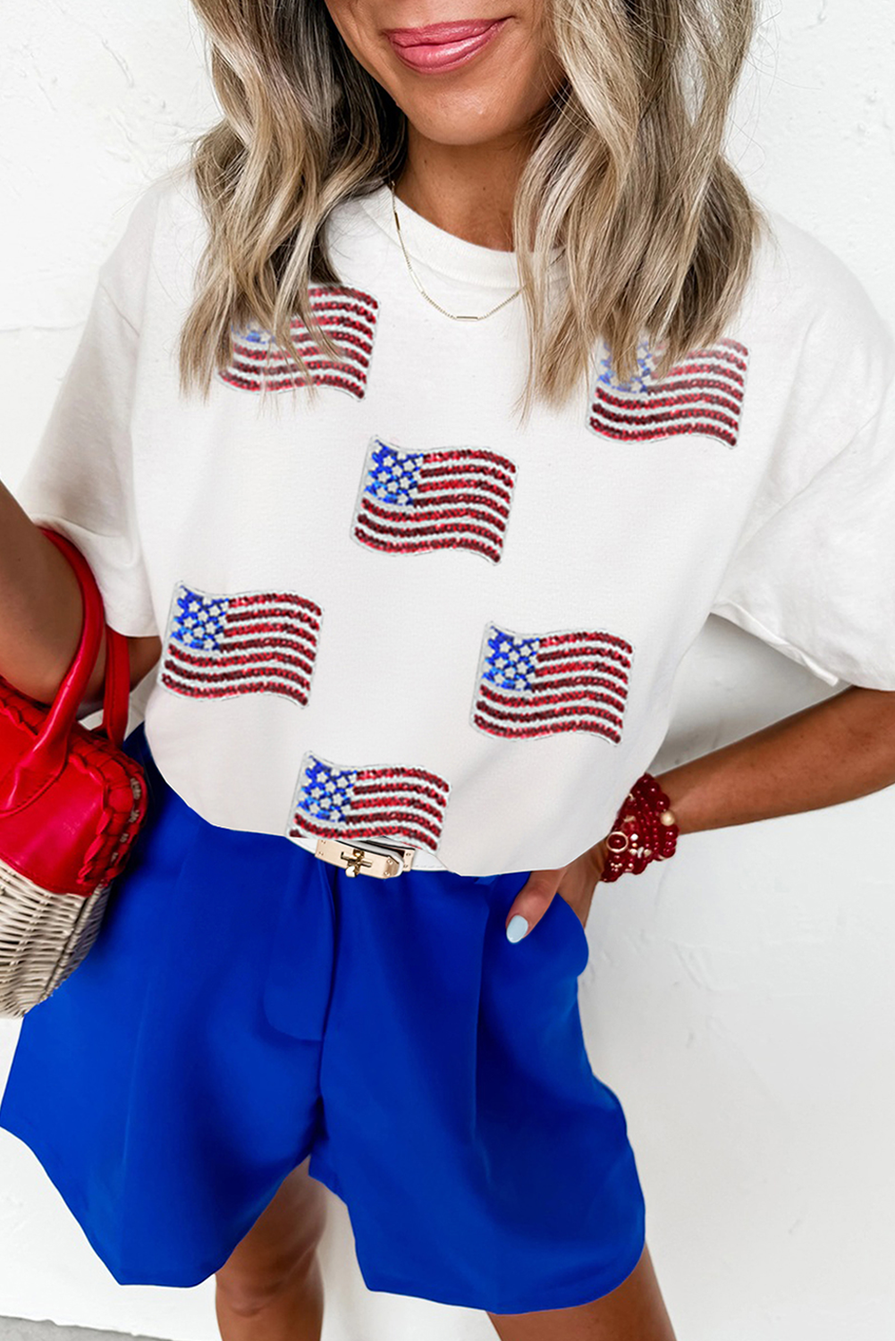 Women's White Sequin American Flag Tee | Patriotic Graphic T-Shirt
