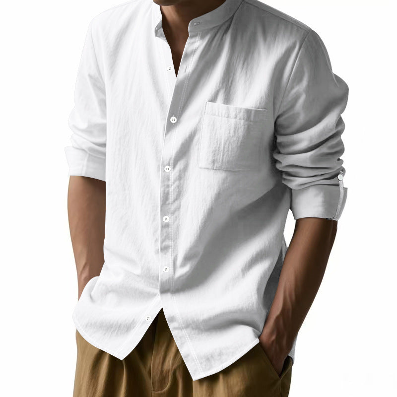 Men's Stand Collar Shirt | Long Sleeve Linen Blend Shirt with Pockets